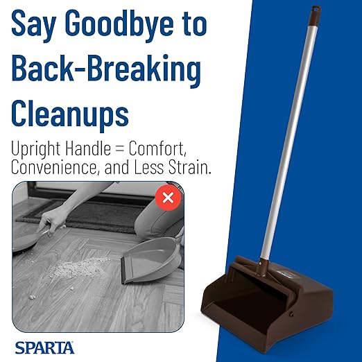 SPARTA Upright Dustpan with Aluminum Handle Serrated Edge for Broom Combing, Secure Yoke Lock with Easy Storage Hanging Hole for Commercial Cleaning, Plastic, 30 Inches, Brown