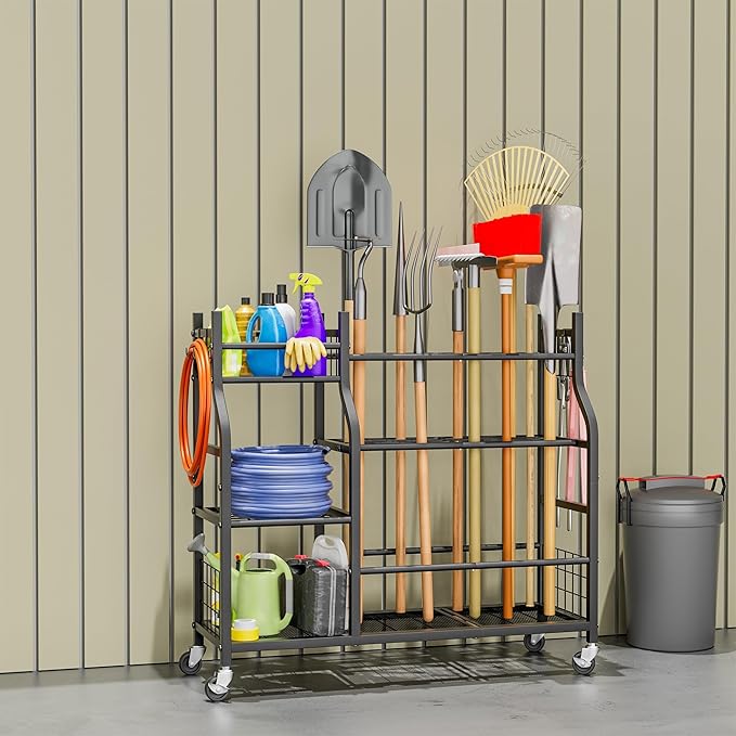 Garden Tool Organizer with Wheels for Garage and Shed, Spacious Tool Storage, Multi-Tier Design with Side Hooks for Rakes, Shovels, Brooms, and Yard Tools Rolling Cart