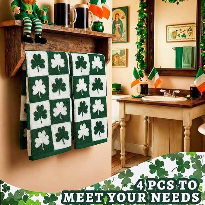 Frienda 4 Pcs St Patrick's Day Hand Towels for Bathroom 13 x 29'' Soft 100% Cotton Green Shamrocks Decorative Towel Absorbent St. Patrick's Day Bathroom Decor for Drying Cleaning Cooking Gift