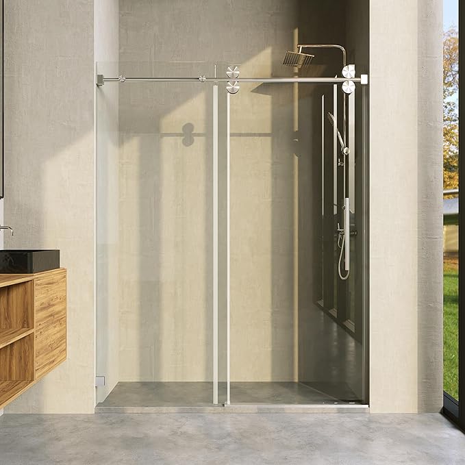 Frameless Sliding Shower Door, 68"-72" Wide, 76" High, 3/8" (10mm) Clear Tempered Glass, Noiseless, Waterproof Bathroom Shower Door, Brushed Nickel Finish