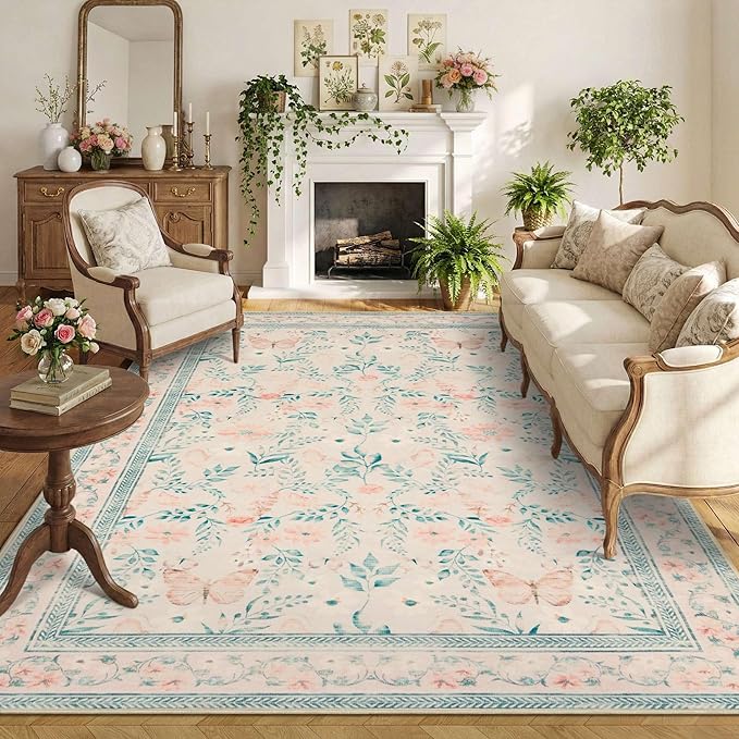 6x9 Pink Rug for Living Room Bedroom, Floral Washable Rug,Vintage Boho Area Rug, Large Non Slip Low Pile Flower Carpet for Indoor Dining Room,Girls Room,Nursery Room and Kids Room(Pink 6x9ft)