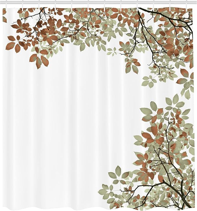 Ambesonne Leaves Shower Curtain, Broad Leaves Close-up Background Autumnal Foliage Shrubs Illustration Print, Cloth Fabric Bathroom Decor Set with Hooks, 69" W x 84" L, Cinnamon and White