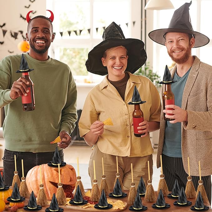 48 Pcs Mini Witch Hats and Broom for Crafts Halloween Wizard Accessories for Party Favors Decor (Black,1.97 Inches)