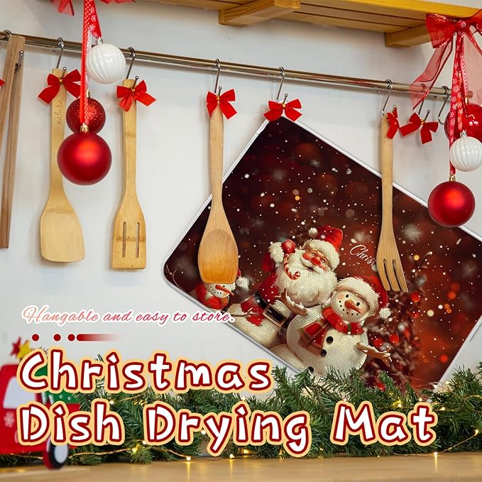 2 Pcs XXL Christmas Dish Drying Mat,Absorbent Microfiber Mats with Santa Claus Snowman Pattern,Large 24 x 17" Dishes Drainer Pad for Xmas Decoration,Winter Festival,Kitchen Counter,Coffee Countertops
