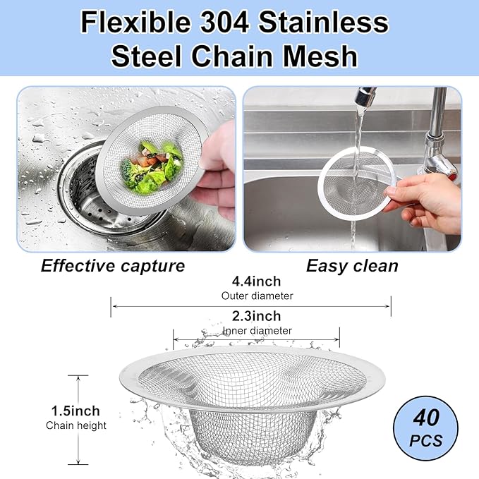 40pcs 4.5" Mesh Sink Strainer for Kitchen, Stainless Steel Mesh Sink Drain Strainer - Heavy Duty Slop Basket Filter Trap for Kitchen Sinks, Bathroom, Shower, Floor Drains