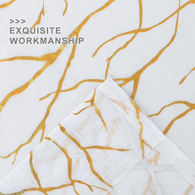FINECITY Gold White Sheer Curtains for Bedroom - Printed Metallic Gold Foil Tree Branch Curtains 72 Inch Length Rod Pocket Privacy Voile Drapes, 52 x 72 Inch, 2 Panels