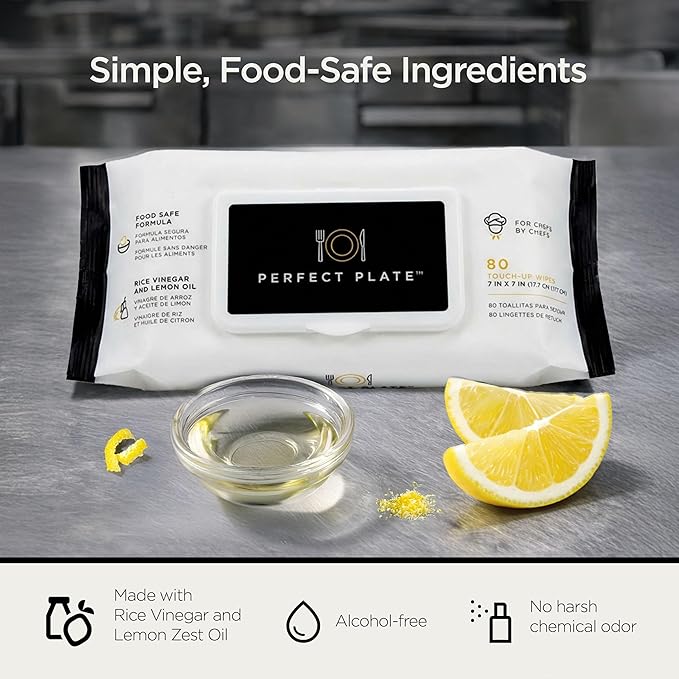 Perfect Plate Rice Vinegar Cleaning Wipes - Food-Safe, No Rinse, Alcohol-Free - Pre-Moistened Dish Wipes for Plating & Serving, 80 Wipes (1 Pack)