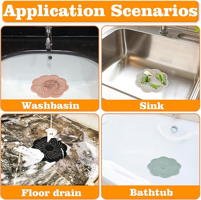 5 Pack Hair Catcher Shower Drain with Suction Cups, Flower Shape Silicone Drain Cover for Kitchen, Bathroom, Bathtub