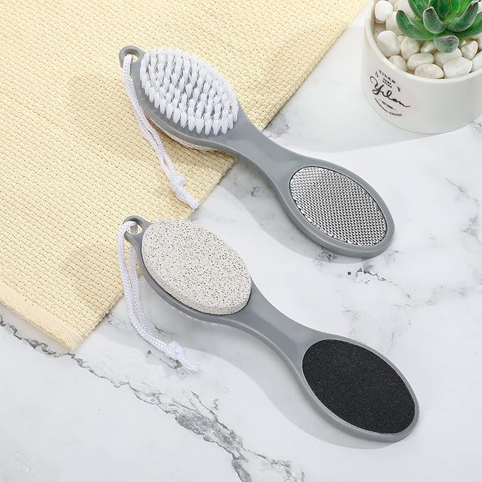 2 Pieces 4 in 1 Pedicure Tool Foot Scrubber Brush Foot File Callus Remover with Foot Rasp, Pumice Stone, Nail Cleaning Brush and Sand Paper for Dry and Wet Foot Care Dead Skin Remover (Gray)