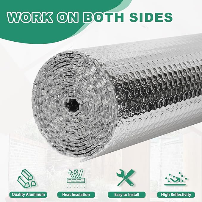 Reflective Bubble Insulation Sheet, Double Side Aluminum Foil Bubble Shield, Aluminum Foil Thermal Insulation Radiant Barrier for Windows, RV, Roof, Garage Door (47IN X 10FT)