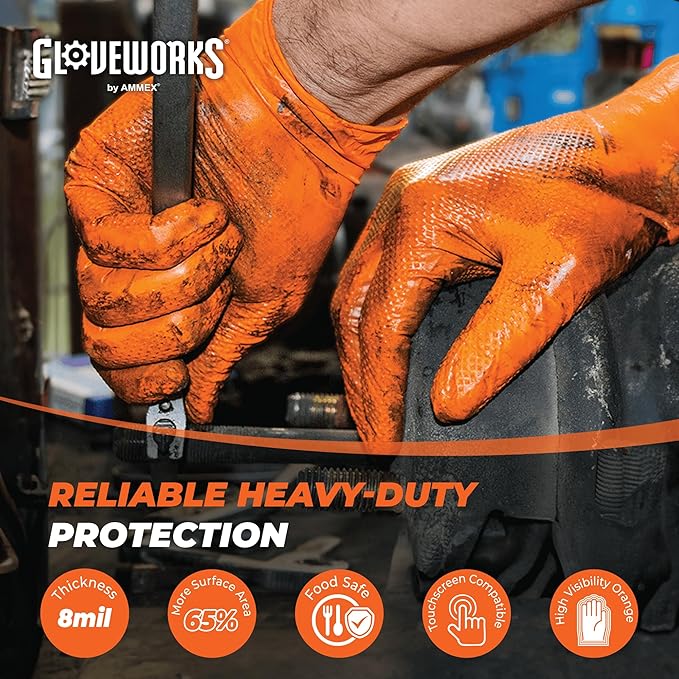 GLOVEWORKS 8 Mil Orange Nitrile Disposable Gloves Heavy Duty Industrial RDT for Mechanic and Automotive Shops Latex Free