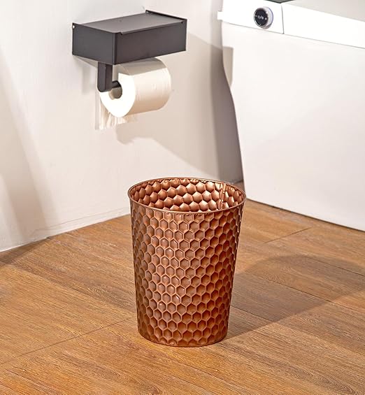 Small Metal Trash Can Wastebasket, Decorative Honeycomb Garbage Can Waste Basket, Modern Farmhouse Round Trash Bin for Bathroom, Bedroom, Kitchen and Office (Copper)