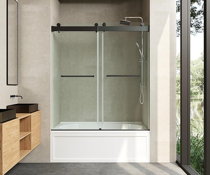 Frameless Soft-Close Bathtub Shower Door, 56"-60 "W, 66 "H, 3/8" (10 mm) Clear Tempered Glass, Double Sliding Doors, Matte Black Finish