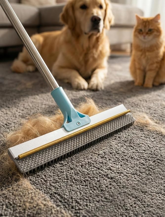 DELOMO Carpet Rake for Pet Hair Removal Carpet Scraper Broom with 54” Adjustable Long Handle, Dual-Sided, Metal + Short Silicone for Carpets & Rugs, Extended Silicone for Shag Rugs & Hard Floors