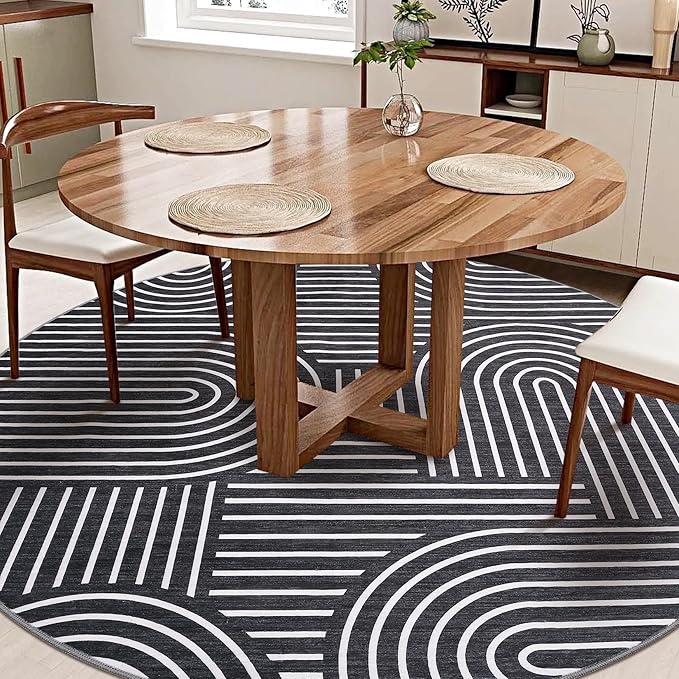 Washable Rug 6ft Area Rugs for Living Room, Abstract Rug for Bedroom, Soft Rainbow Non Slip Throw Rugs with Rubber Back, Low Pile Stain Resistant Boho Geometric Carpet for Dining Room,Black