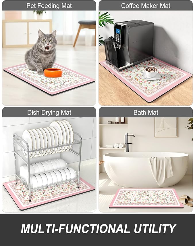 Rnivvi Dish Drying Mat for Kitchen Counter, XL 15 x 24" Cute Flower Theme Absorbent Draining Pad, Non-Slip Heat Resistant Coffee Bar Mats for Coffee Machine Station Accessories, Pink Dish Rack Pad