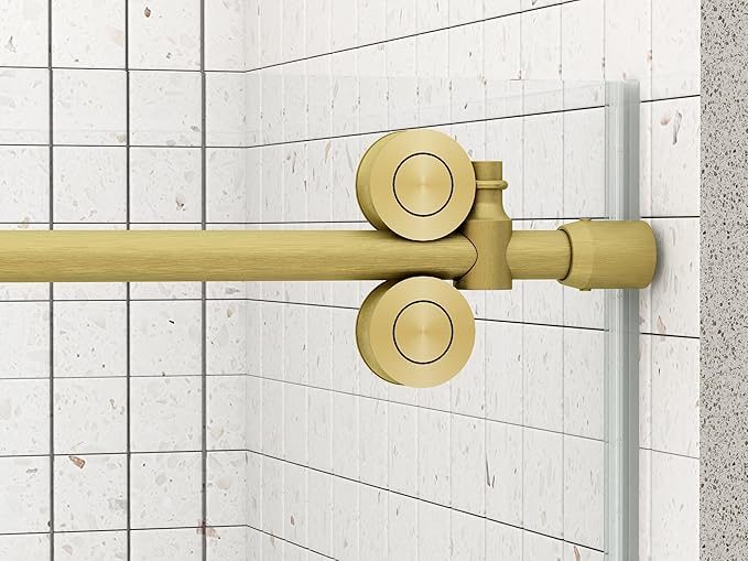 Sunrosa Frameless Shower Door, 44-48" W x 76" H Sliding Shower Door with Handle, Glass Shower Door with 5/16" (8 mm) Clear SGCC Tempered Glass, Brushed Gold