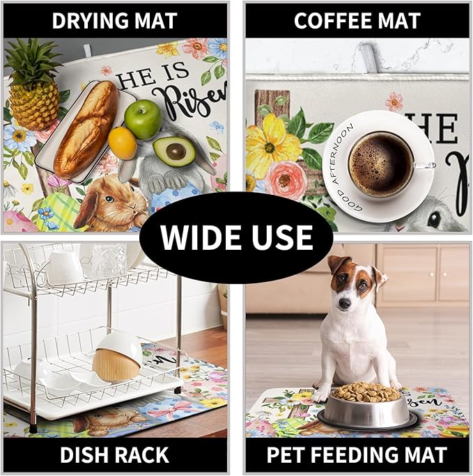 He is Risen Easter Dish Drying Mat for Kitchen Counter Bunny Floral Cross Dish Drainer Mats Spring Rabbit Flowers Egg Dish Drying Pads Absorbent Microfiber Reusable Dish Rack Mat 16x18 Inch