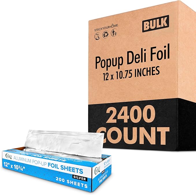 2400 Count Pre-Cut Deli Foil Sheets – 12” Heavy-Duty Pop-Up Aluminum Sheets for Restaurants, Burritos, Hot Dogs, Sandwiches – Stock Your Home