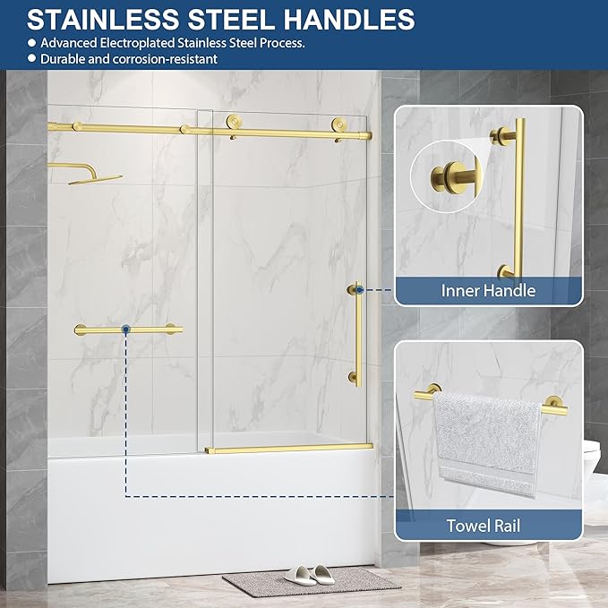 Frameless Tub Sliding Door,5/16" (8mm) Bathtub Shower Door with Soft-Close & Anti-Leak,Nano Coating Anti-Explosion Film SGCC Tempered Glass 55"-60" W x 60" H,Brushed Gold