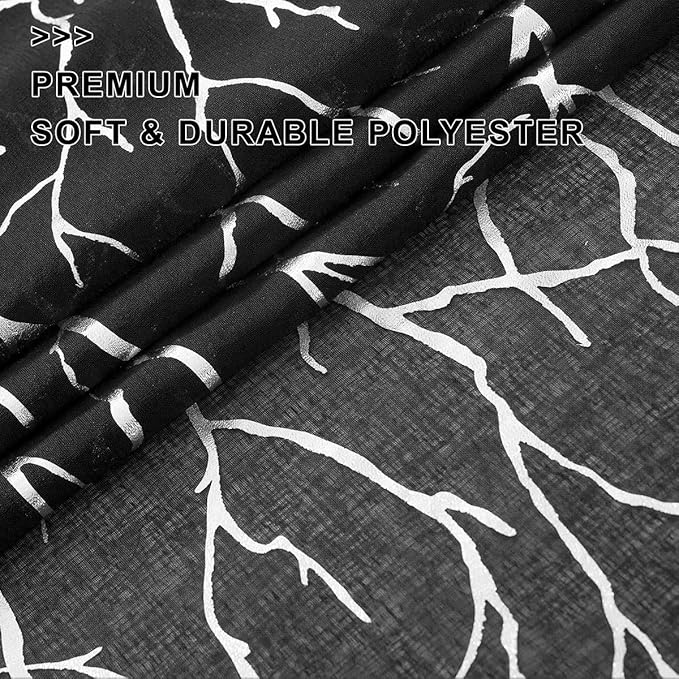 FINECITY Curtains, 2 Pair Black Silver Sheer, 52 x 84 Inch, Rod Pocket, Living Room, Tree Branch Pattern