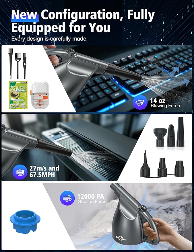 SIN SHINE - Compressed Air 4.0- Multi-Use Electric Air Duster for Cleaning Dust, Hairs, Crumbs, Scraps for Laptop, Computer, Replaces Compressed Air Cans & Canned Air (AD01-Silver)
