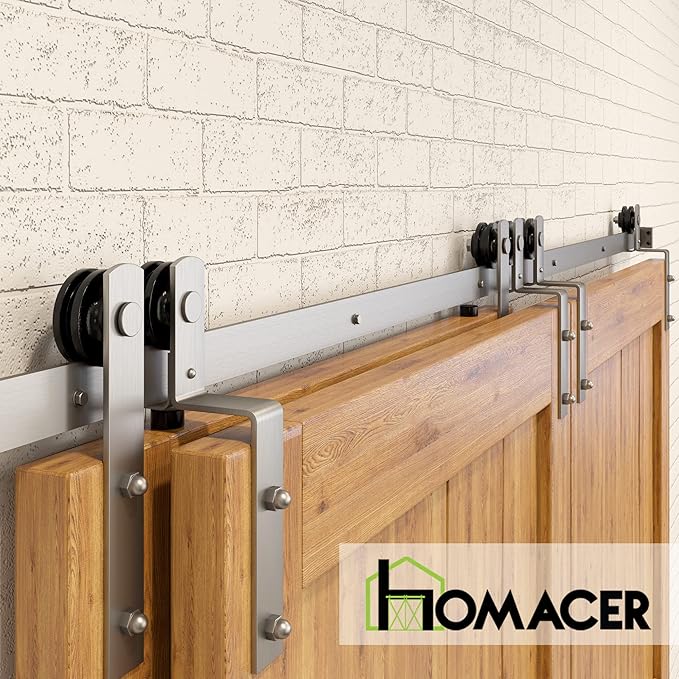 Homacer Brushed Nickel Single Track Bypass Sliding Barn Door Hardware Kit, for Three Doors, 6ft Long Flat Track, StraightDesign Roller, (1 Flat+2 Bent Roller Set)