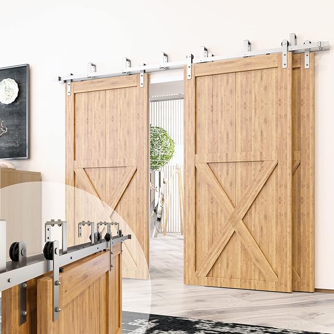 Homacer Brushed Nickel Double Track U-Shape Bypass Sliding Barn Door Hardware Kit, for Three Doors, 13ft Long Flat Track, Straight Design Roller