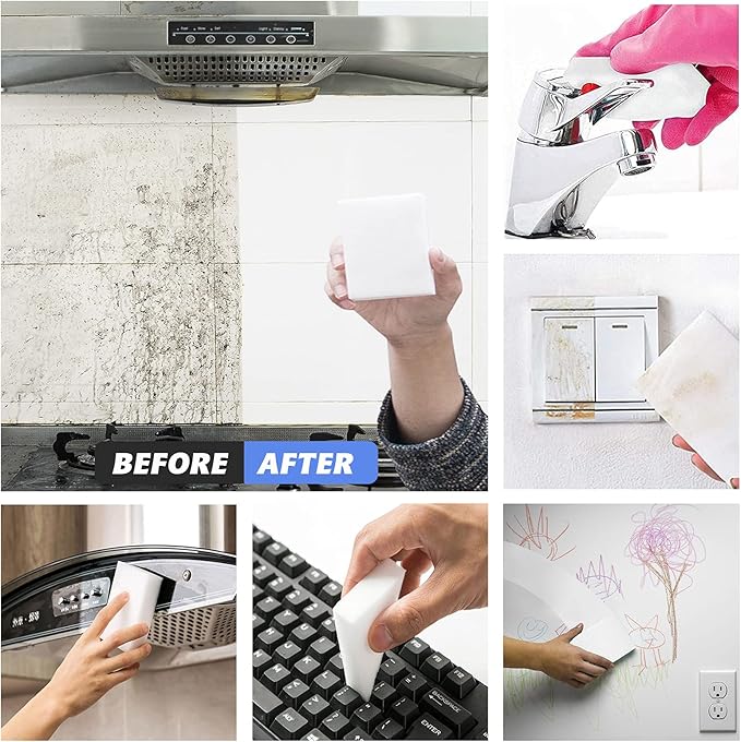 100Pack Magic Sponge Eraser, Extra Thick Melamine Foam Sponge in Bulk, Multi-Functional Household Cleaning Scrub Pads for Kitchen, Bathroom, Bathtub, Sink, Furniture, Car, Walls, Shoes