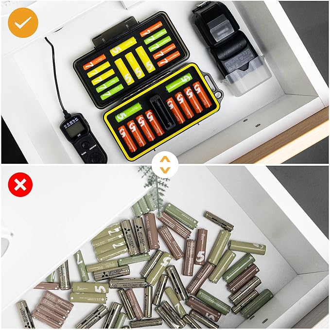 KIWIFOTOS 24 Slots AA AAA Battery Case Holder with Battery Tester for 14pcs AA & 10pcs AAA Batteries Organizer Household Outdoor Battery Storage Container Box