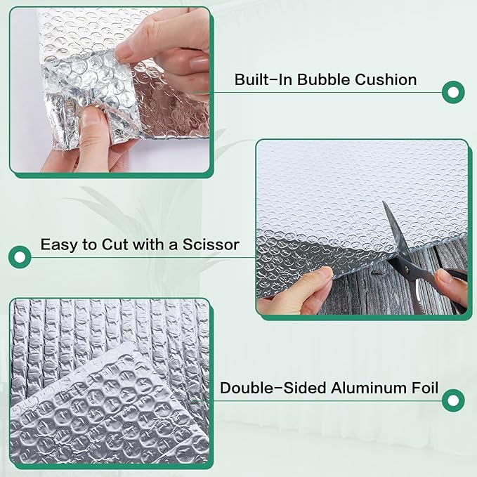 Reflective Bubble Insulation Sheet, Double Side Aluminum Foil Bubble Shield, Aluminum Foil Thermal Insulation Radiant Barrier for Windows, RV, Roof, Garage Door (59IN X 8.2FT)