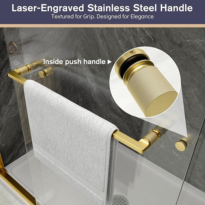 Double Sliding Shower Door, 55"-60" W x 70" H Semi-Frameless Glass Shower Door, 1/4'' (6mm) Clear SGCC Tempered Glass with Explosion-Proof Film and Nano Coating, Brushed Gold