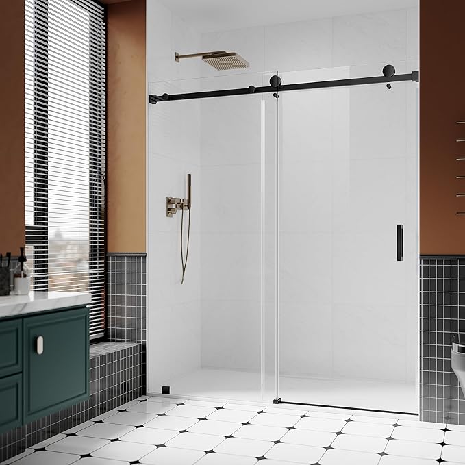 3/8" (10mm) Sliding Glass Shower Door, 66-72" W x 76" H Frameless Bathroom Door with Easy-Cleaning Coating,Matte Black