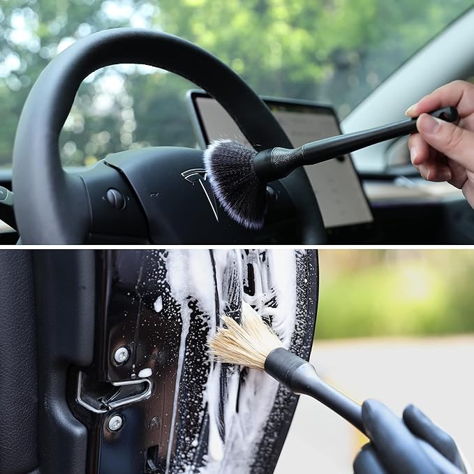 Car Detailing Brush Soft Boars Hair, 4PCS Auto Detail Dust Brushes, Perfect for Washing Dusting Automotive Interior Upholstery Interior Emblems, Air Vent, Vehicle Seat, Cleaning Exterior Grille Wheel