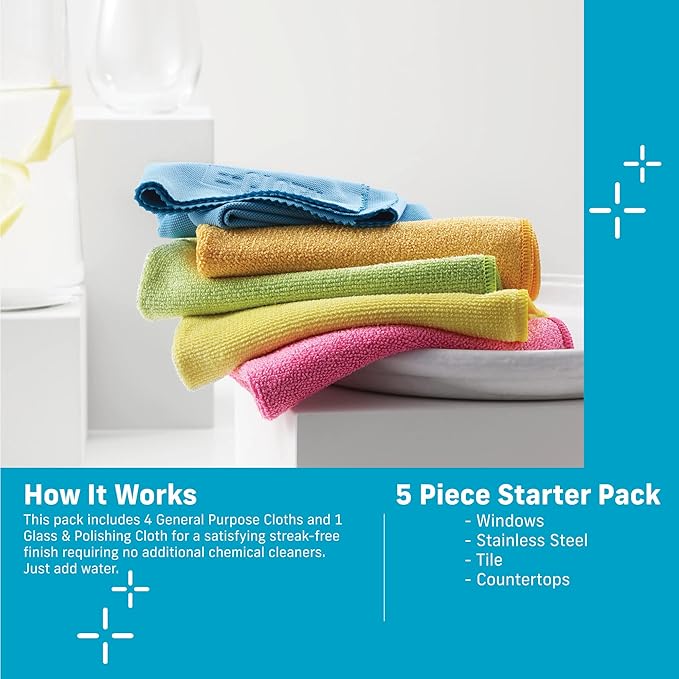 E-Cloth 10-pc Starter Pack, Microfiber Cleaning Cloth Set, Includes Household Cleaning Tools for Bathroom, Kitchen, and Cars, Washable and Reusable, 100 Wash Promise, Assorted Colors