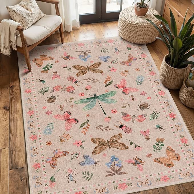3x5 Rug for Entryway Bedroom, Pink 3x5 Washable Area Rug, Floral Vintage Retro Boho Throw Rug, Non Slip & Low Pile Small Carpet for Indoor Kitchen, Bedside, Living Room, Bathroom and Dining
