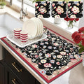 LOKHOM Floral Dish Drying Mat, 18"x24" Super Absorbent Non-slip Bordered Coffee Mat with Oil Painting Black Floral, Cuttable Hide Stain Drying Mat for Kitchen Counter Coffee Maker Espresso Machine