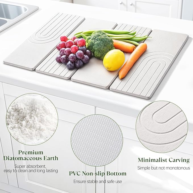 Large Stone Dish Drying Mat for Kitchen Counter, Quick Dry Stone Dishes Mats, 23.6"(L)×15.4"(W), Water Absorbing Diatomaceous Earth Drying Pad for Countertop Bottles Utensils Cups, White