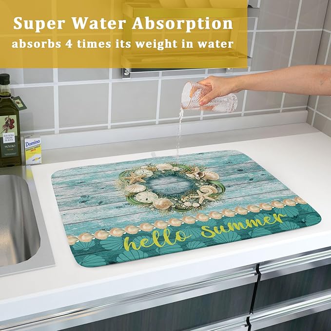 Hello Summer Dish Drying Mat for Kitchen Counter,Sea Shell Starfish Coastal Wreath Drying Mat 18 x 24 Inch with Absorbent Reversible Microfiber Drying Pad for Coffee Bar