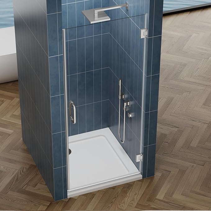 Framelss Hinged Shower Door, 34" W x 76" H Single Swing Pivot Shower Door, 3/8" (10mm) Tempered Glass with Nano Coating, Stainless Handle, Glass Door for Walk-in Shower - Brushed Nickel