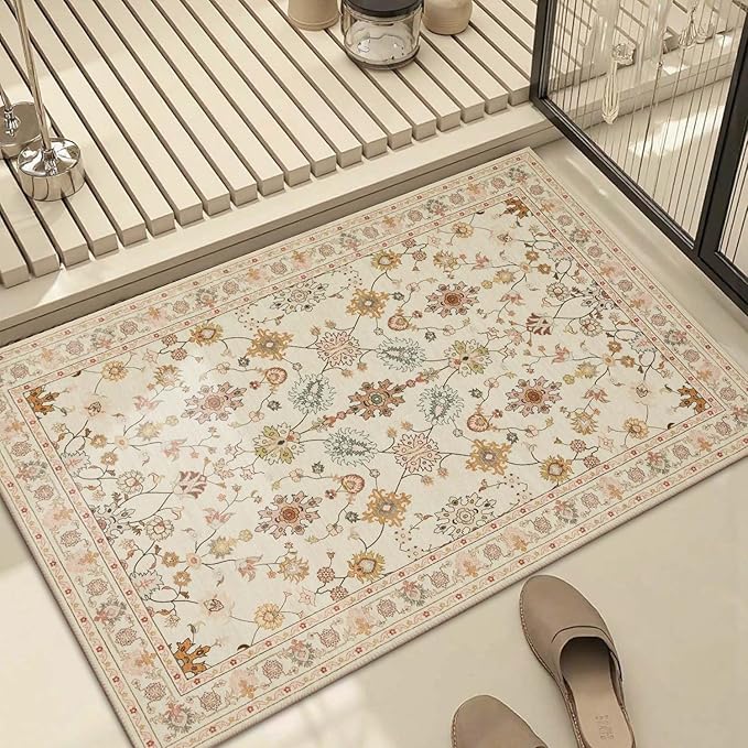 Door Mat Floral Entryway Rug, Washable Samll 2x3 Rug, Boho Front Door Mat, Non Slip Area Rugs, Low Pile Throw Accent Carpet for Indoor Entrance, Bathroom and Kitchen(Apricot 2x3ft)