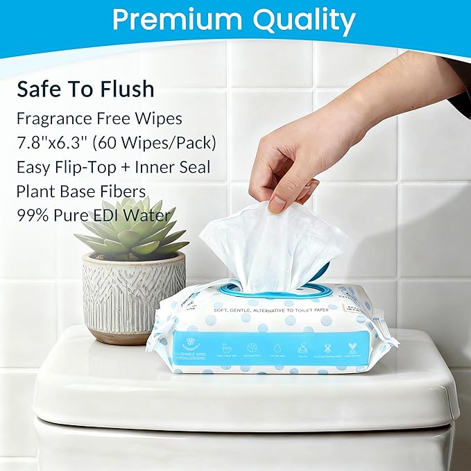 WONDERFUL Flushable Butt Wipes, Variety 100% Plant-Based Wet Wipes for Adults & Kids; Sewer, Septic Safe; Gentle on Sensitive Skin, Wipes Flushable Pack for Bathroom & Travel, 3-Pack (180 Counts)