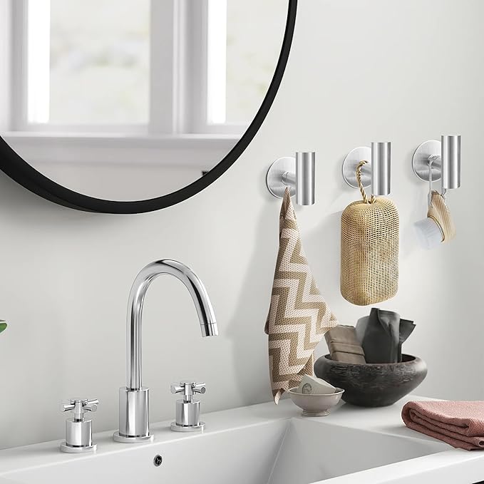 Adhesive Towel Hooks, Brushed Nickel SUS 304 Stainless Steel Heavy Duty Self Adhesive Robe Hooks for Bathrooms Kitchen Wall Mounted (Brushed Nickel, 2 Pcs)