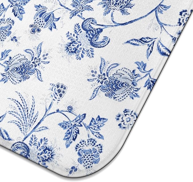 Blue Floral Dish Drying Mat for Kitchen Counter, French Farmhouse Style Microfiber Drying Rug, Washable and Absorbent Kitchen Countertop Dish Drainer, 16x18 Inch
