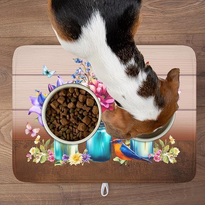 Spring Colorful Flowers Dish Drying Mat for Kitchen Counter,Vintage Plants Mason Jar Butterflies Drying Mat 18 x 24 Inch with Absorbent Reversible Microfiber Dish Drying Pad for Coffee Bar