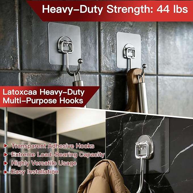 Large Adhesive Hooks 12-Pack, Heavy Duty Wall Hooks for Bathroom, Kitchen, Outdoor, Strong Self-Adhesive Towel & Coat Hooks, Waterproof Transparent Utility Hooks for Home Improvement