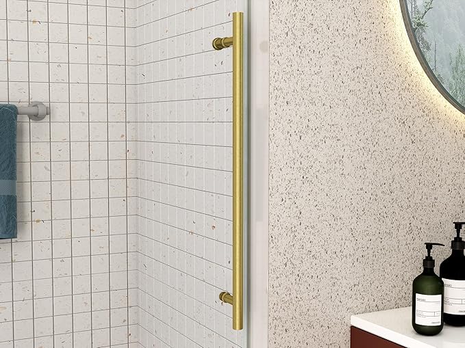 Sunrosa Frameless Shower Door, 44-48" W x 76" H Sliding Shower Door with Handle, Glass Shower Door with 5/16" (8 mm) Clear SGCC Tempered Glass, Brushed Gold