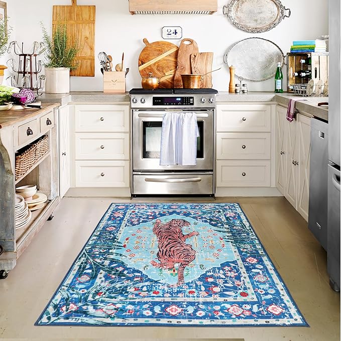 3x5 FT Leopard Rug for Living Room Vintage Animal Rug Aesthetic Rugs for Girls Room Nursery Bedroom Home Office Dorm Thin Bright Blue Carpe (Blue, 3X5 FT)