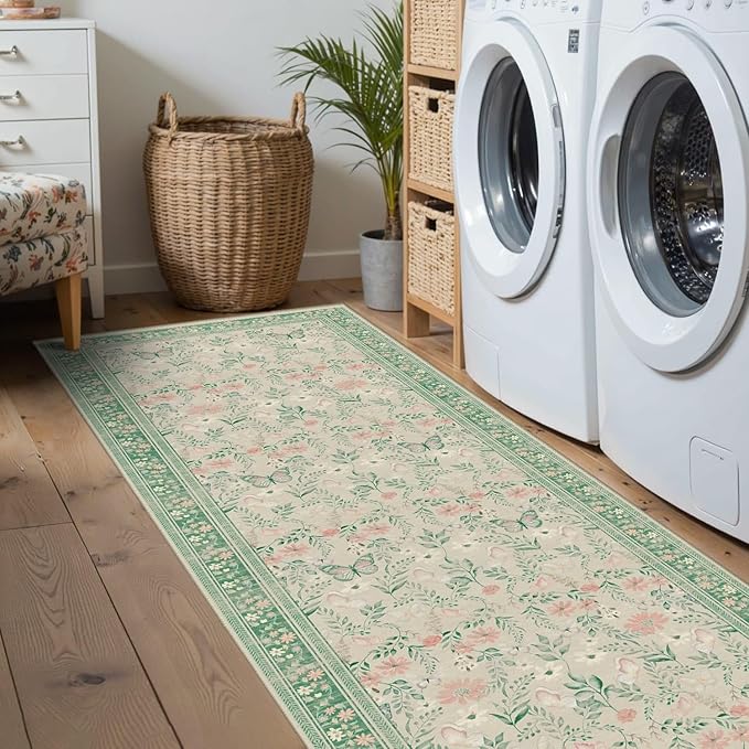 2x6 Floral Runner Rug, Washable Runners for Hallways, Green Vintage Boho Kitchen Rugs, Non Slip Hallway Runner Carpet for Indoor Hallway, Kitchen, Laundry Room and Bathroom