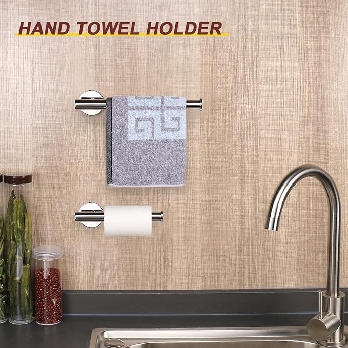 NearMoon Bath Toilet Paper Holder+ Hand Towel Holder, 2 Pieces Bathroom Hardware Set- Premium 304 Stainless Steel Toilet Roll Holder and Towel Rack Wall Mounted for Bathroom/Kitchen (Chrome Finish)